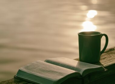 green ceramic mug beside book